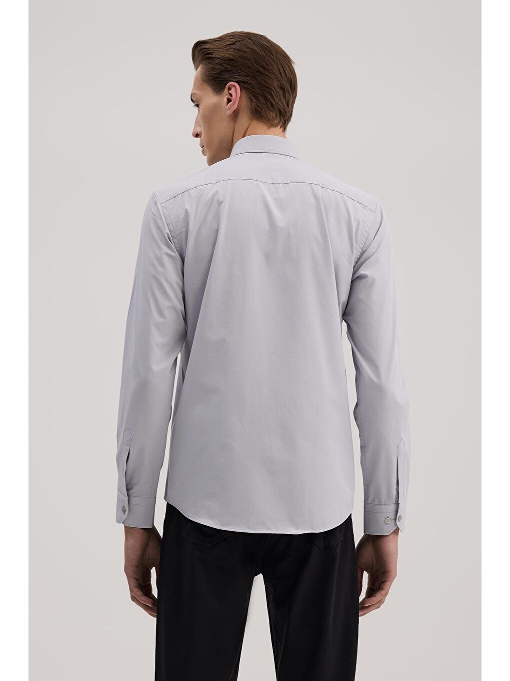 Gri Slim Fit İtalyan Yaka Klasik Kravatlık Pamuklu Gömlek-3
