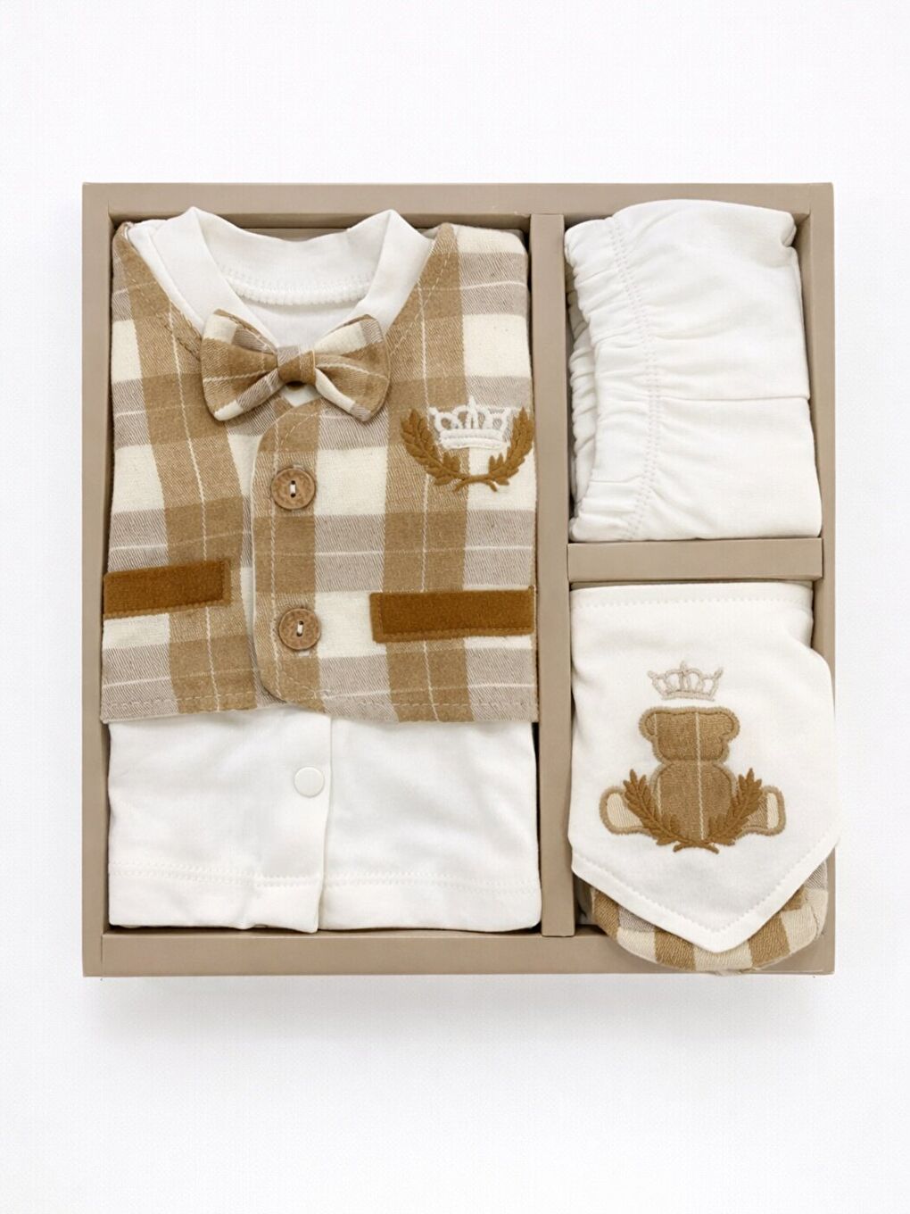 Kahverengi Erkek Bebek Lüx Kutulu Taçlı Pamuklu 5li Hastane Çıkış Seti Yenidoğan Hediye 0-3 ay-1