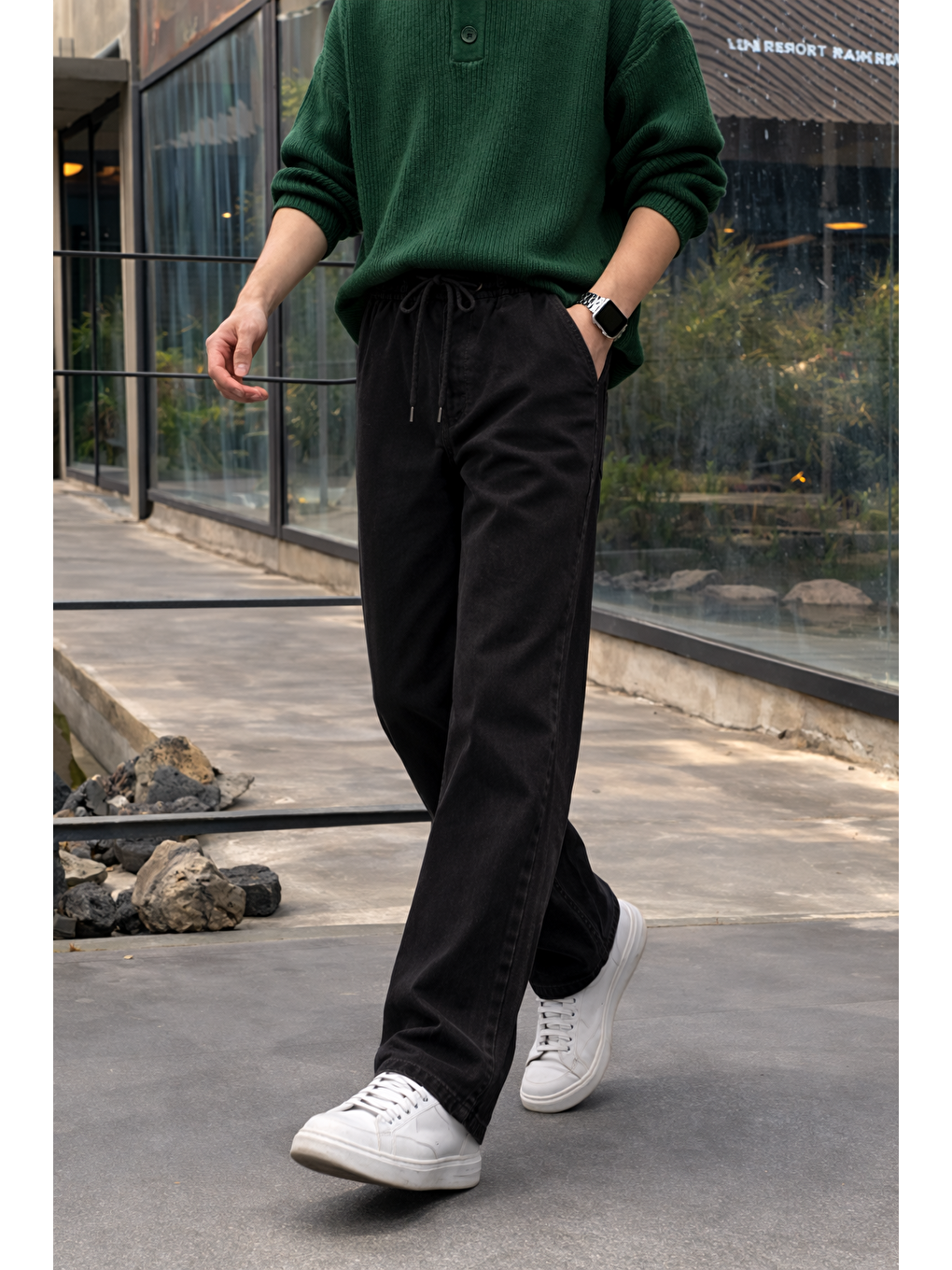 Erkek Beli Lastikli Jogger Siyah Bol Paça Baggy Pantolon-2