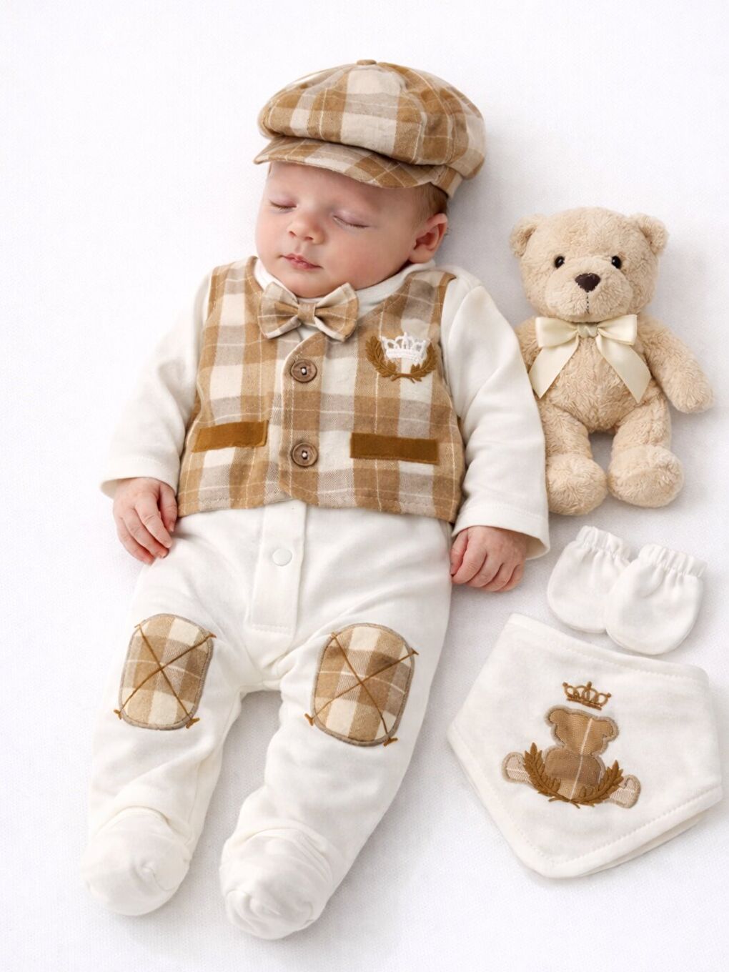 Kahverengi Erkek Bebek Lüx Kutulu Taçlı Pamuklu 5li Hastane Çıkış Seti Yenidoğan Hediye 0-3 ay-2