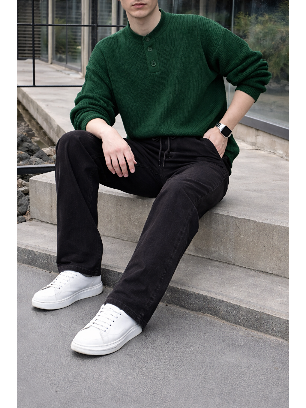 Erkek Beli Lastikli Jogger Siyah Bol Paça Baggy Pantolon-3