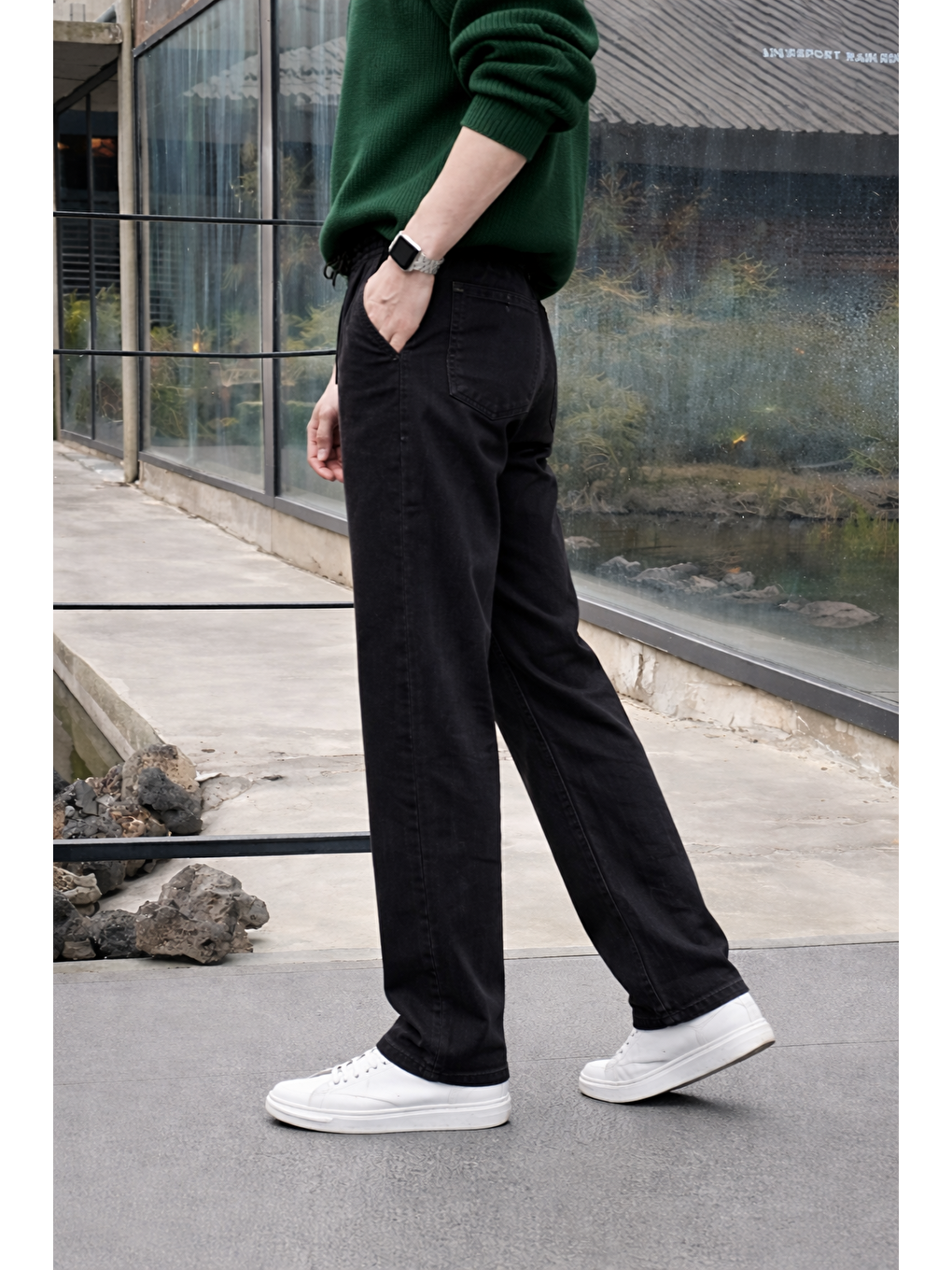 Erkek Beli Lastikli Jogger Siyah Bol Paça Baggy Pantolon-4