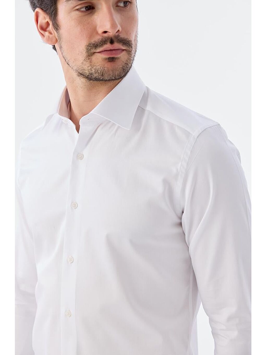 Beyaz Slim Fit İtalyan Yaka Uzun Kol Klasik Kravatlık %100 Pamuk Saten Gömlek-2