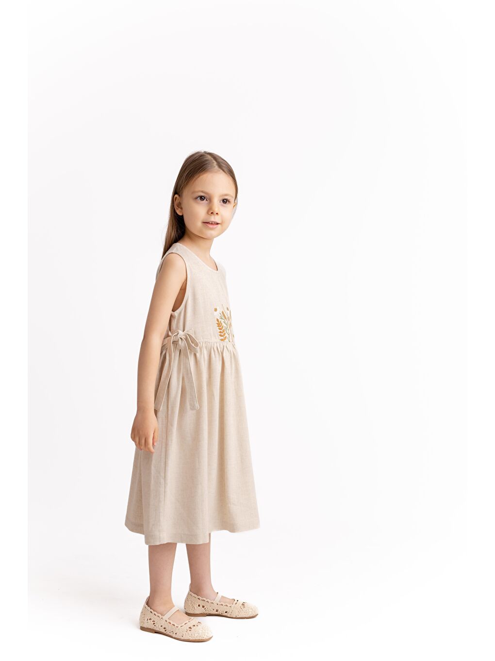 Ekru Nakışlı Yandan Bağlamalı Keten Elbise 2-7 Yaş Naturel-1