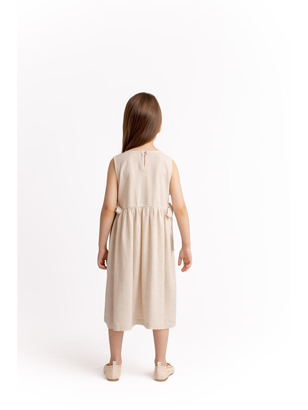 Ekru Nakışlı Yandan Bağlamalı Keten Elbise 2-7 Yaş Naturel-2