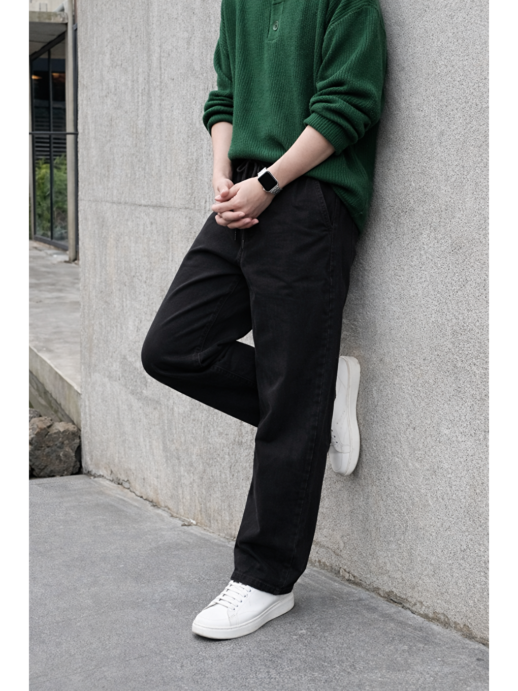 Erkek Beli Lastikli Jogger Siyah Bol Paça Baggy Pantolon-5