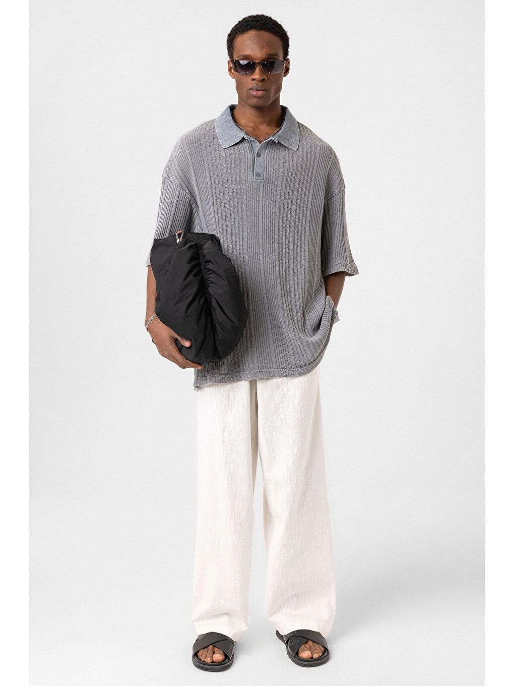 Polo Yaka Oversize Triko Gri