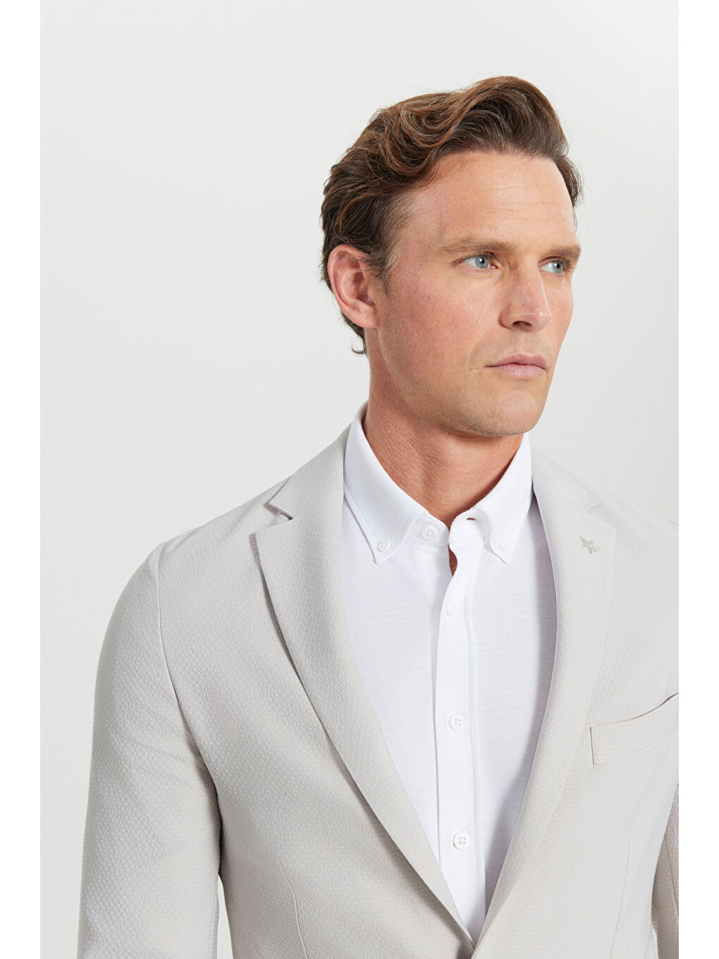 Erkek Bej Slim Fit Dar Kesim Mono Yaka Torba Cepli Gofre Desenli Esnek Takım Elbise-3