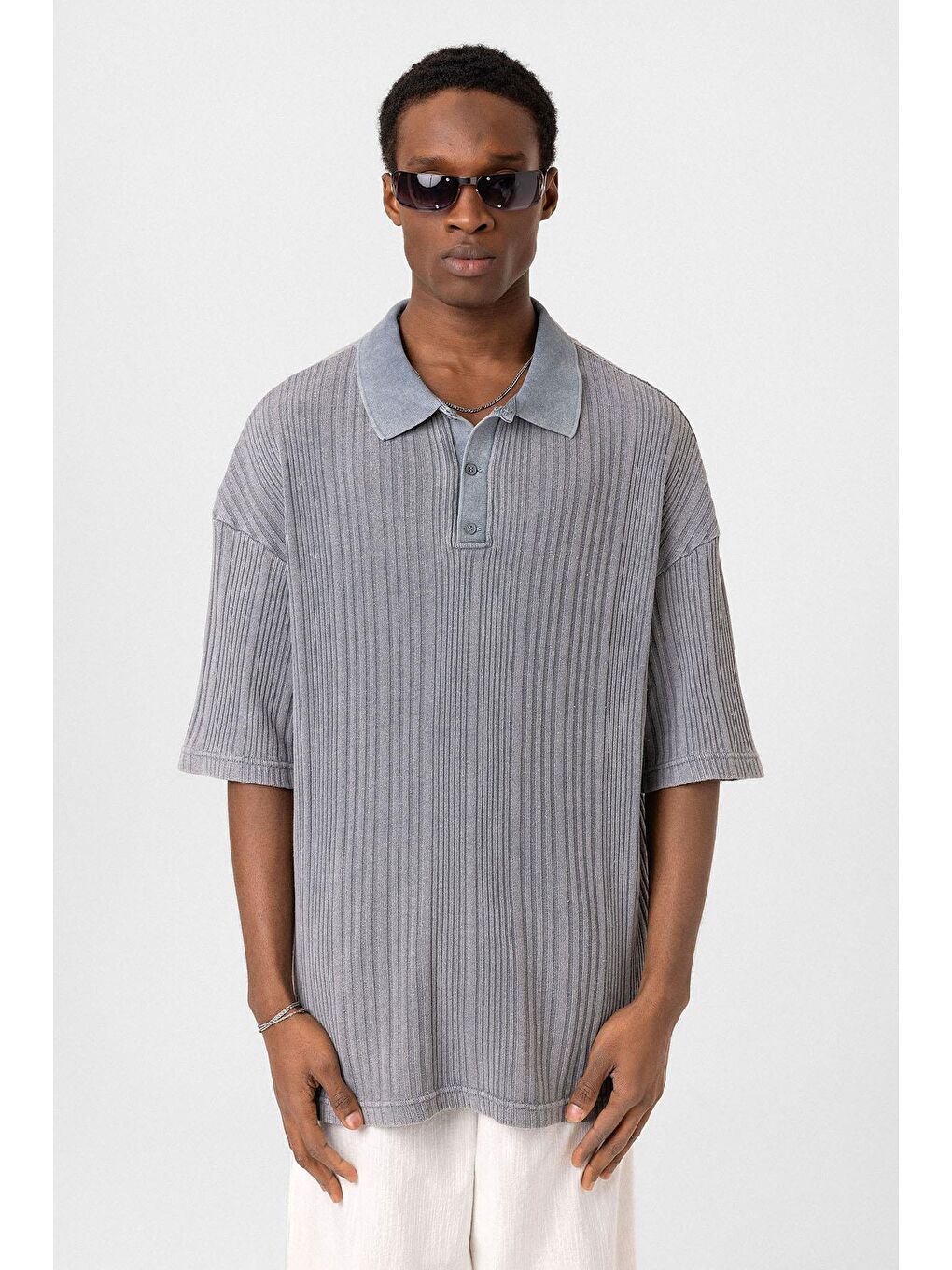 Polo Yaka Oversize Triko Gri-2