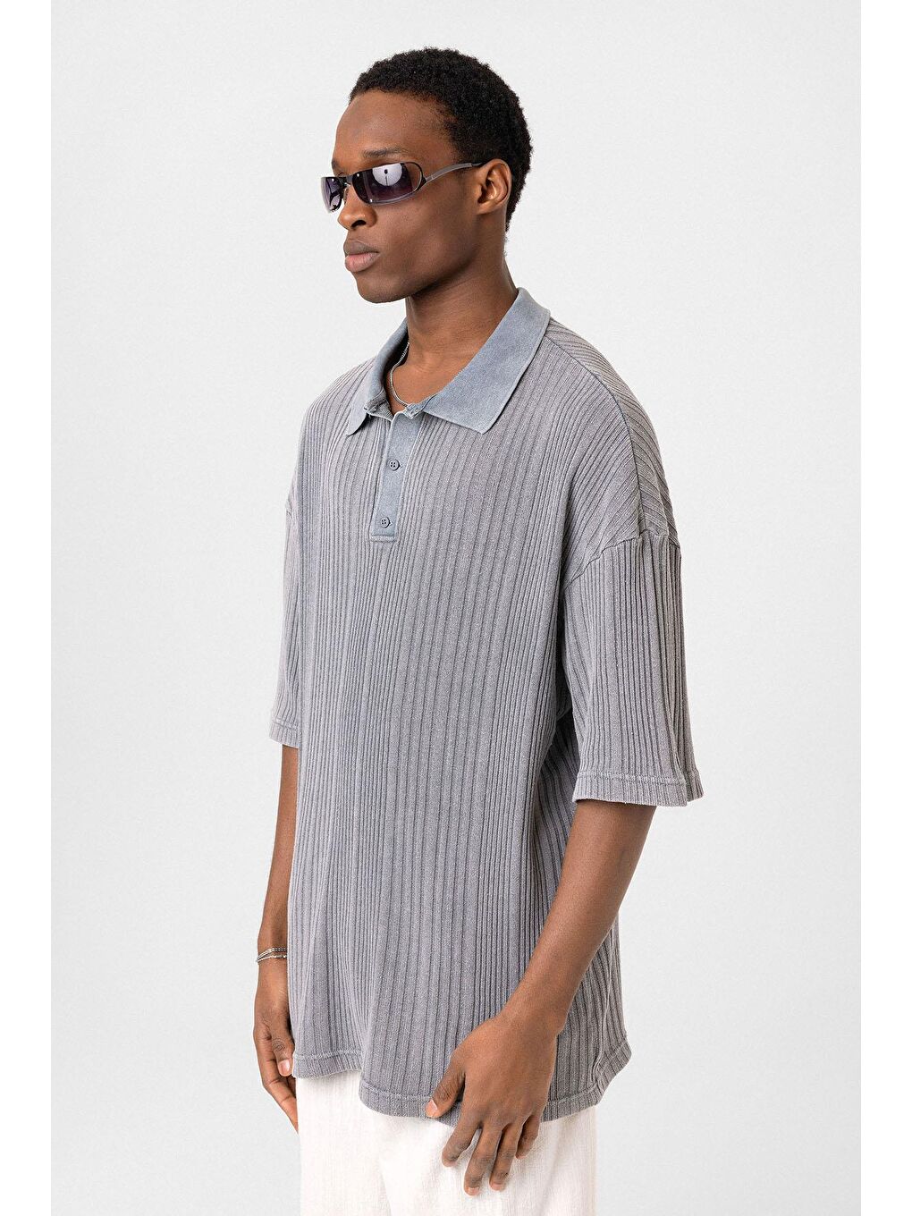 Polo Yaka Oversize Triko Gri-3