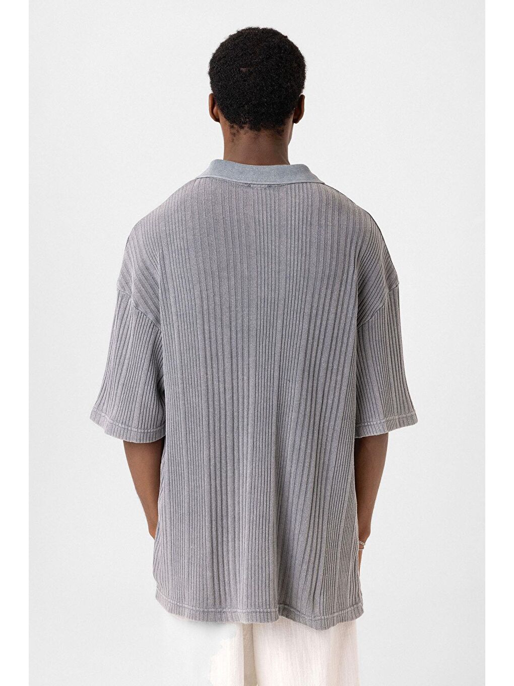 Polo Yaka Oversize Triko Gri-4