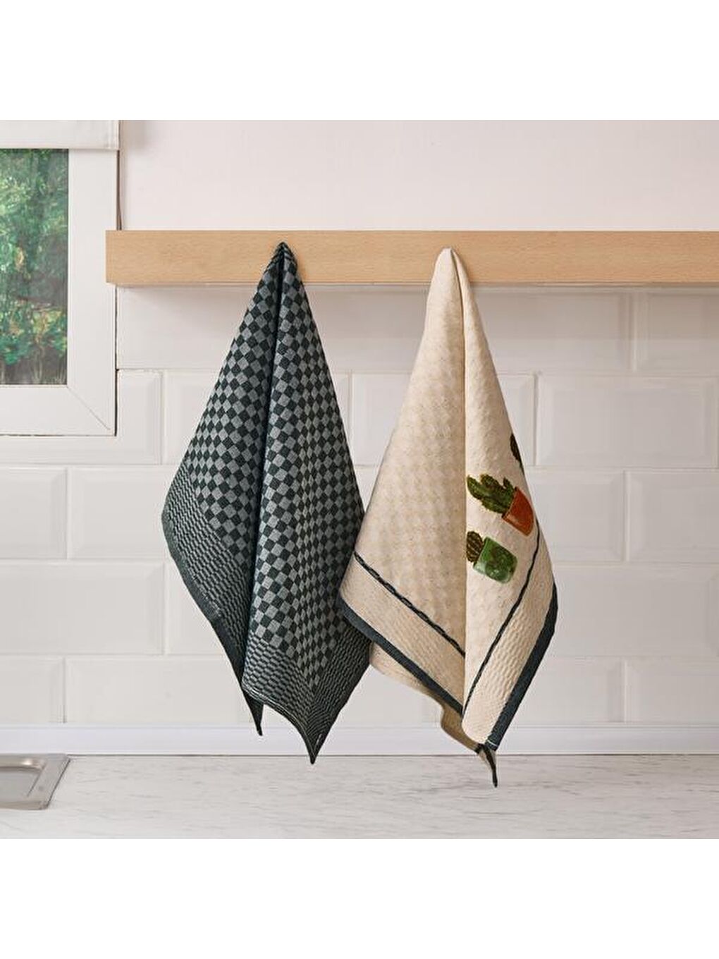 Soft Kaktüs Baskılı 2'li Kurulama Bezi - Bej - 40x60 cm