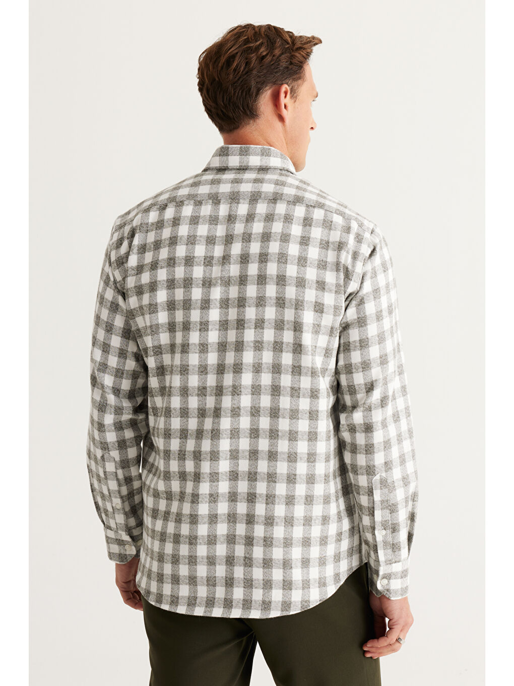 Erkek Ekru-Haki Comfort Fit Rahat Kesim Düğmeli Yaka Flanel Oduncu Gömlek-5