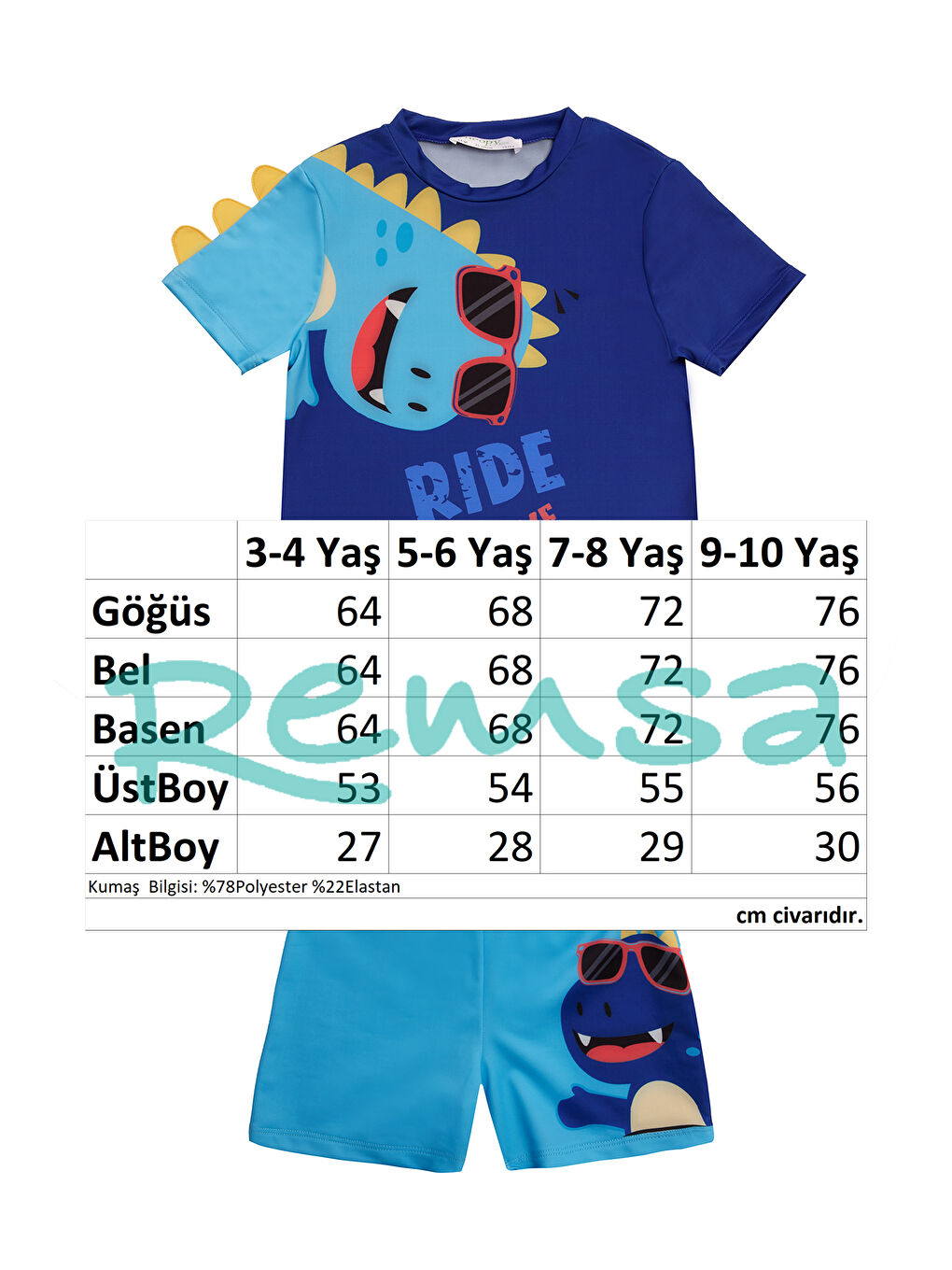 UV Korumalı Şort Kısa Kollu Çocuk Bebek Deniz Havuz Mayosu 5240 Dinozor Lacivert-3