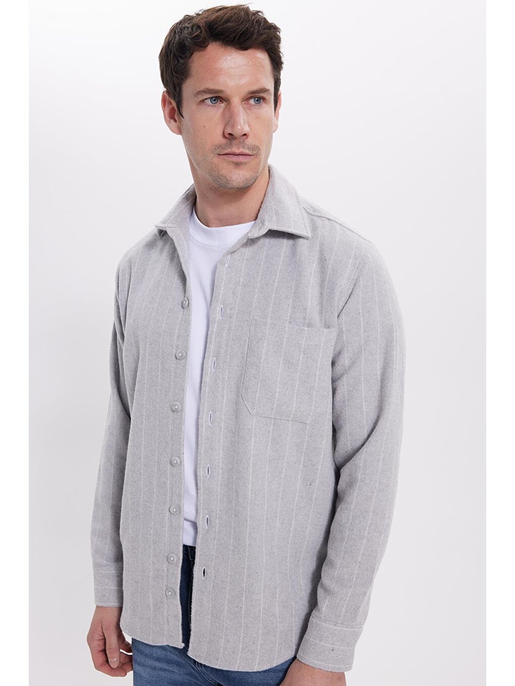 Karışık Erkek Regular Fit Klasik Kesim Çizgili Çift Cep Kapaklı Oduncu Gömlek-4
