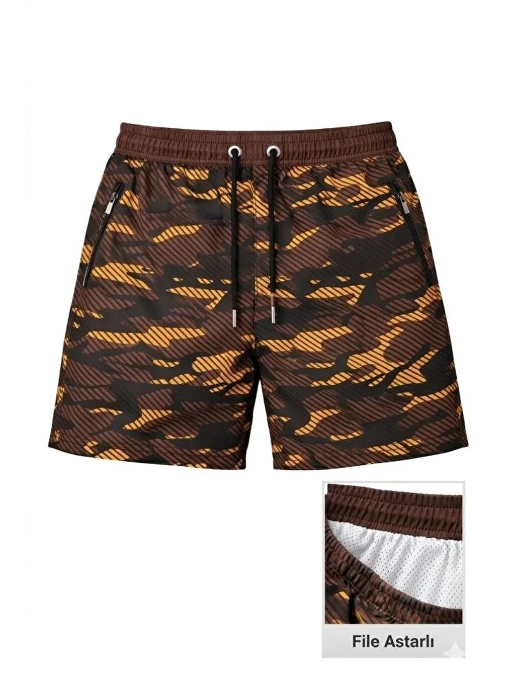 Erkek Deniz Şortu Fermuarlı Cepli File Astarlı Hızlı Kuruyan Premium - Kahverengi