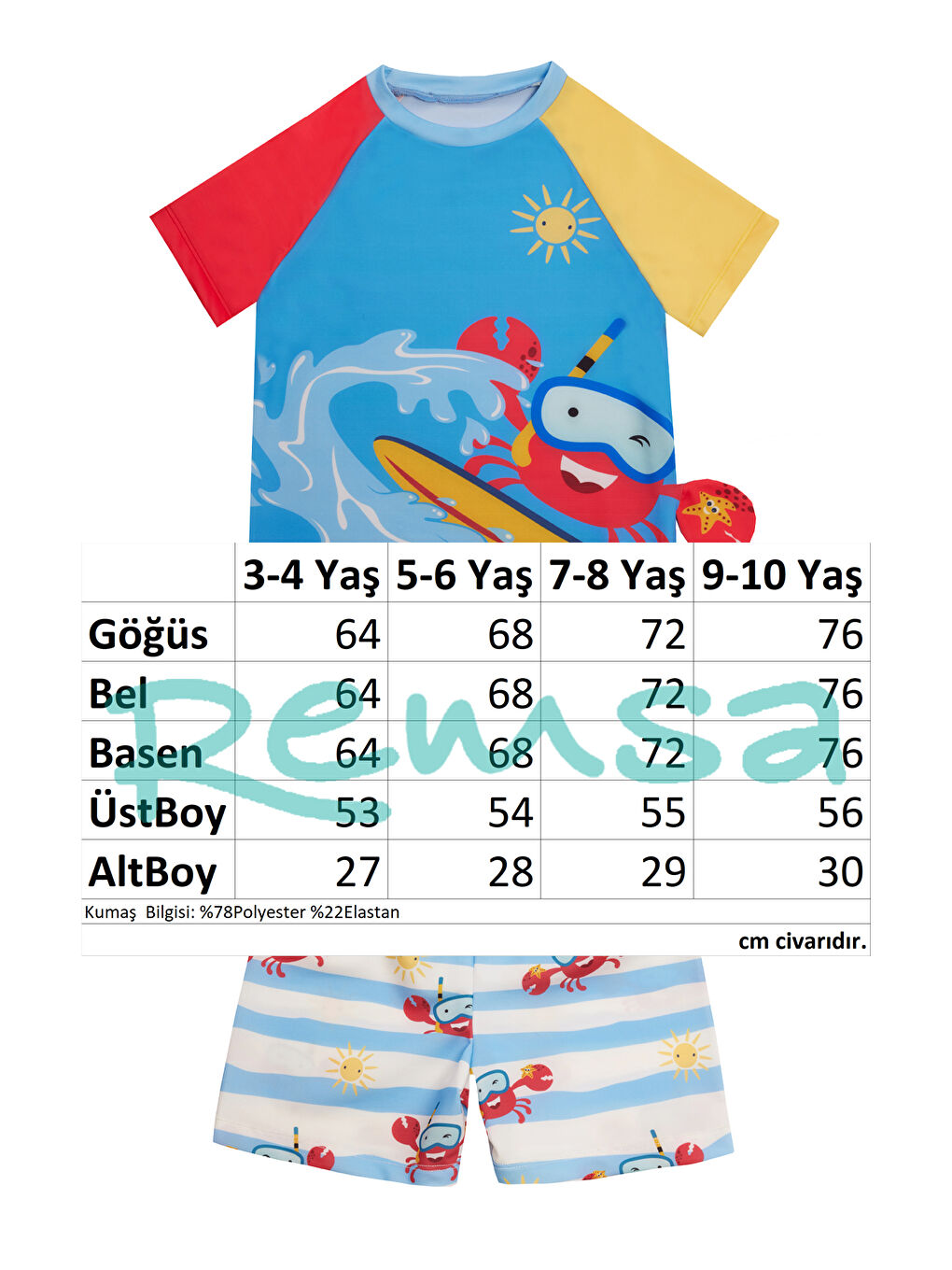 UV Korumalı Şort Kısa Kollu Çocuk Bebek Deniz Havuz Mayosu 5239 Yengeç Mavi-3