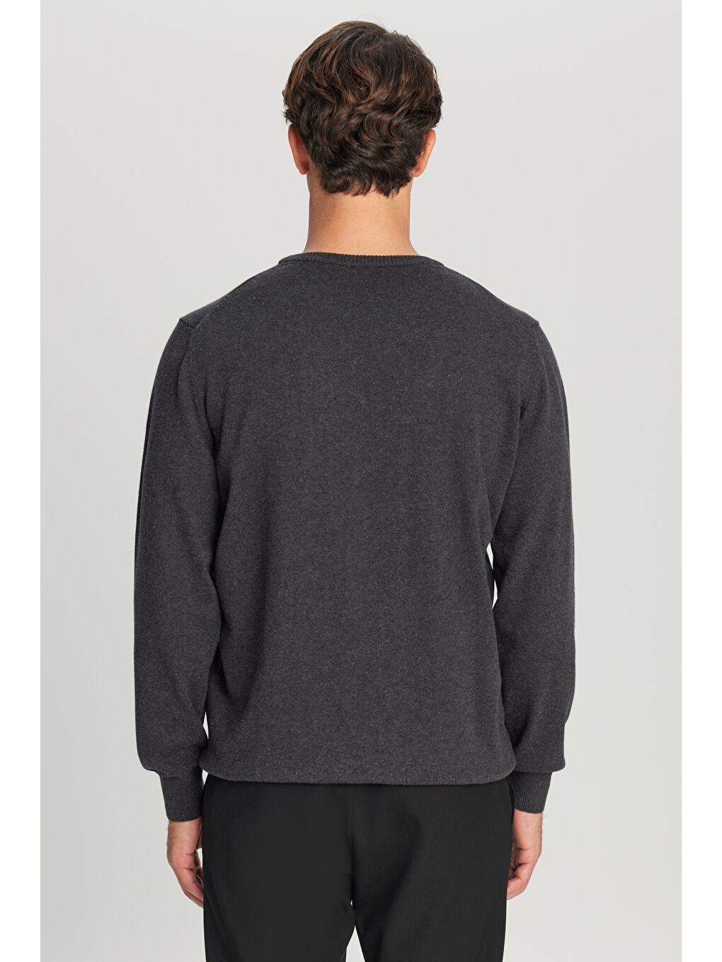 Erkek Antrasit-Melanj Pamuklu Standart Fit Normal Kesim Bisiklet Yaka Triko Kazak-4