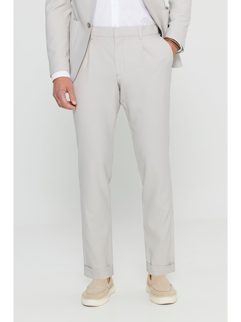 Erkek Bej Slim Fit Dar Kesim Mono Yaka Torba Cepli Gofre Desenli Esnek Takım Elbise-4