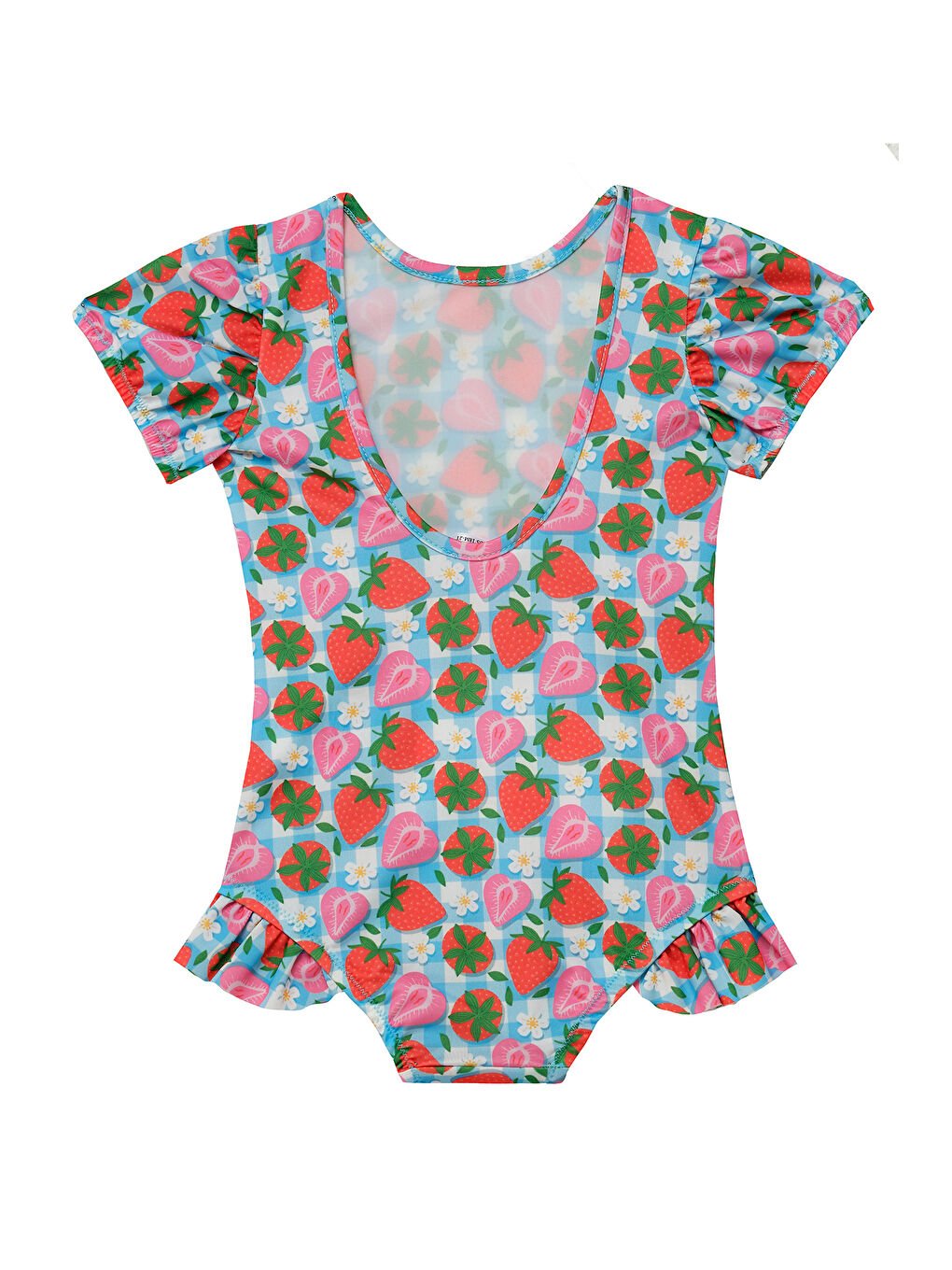 UV Korumalı Kısa Kollu Tulum Kız Bebek Yüzücü Mayo Çilek Desen 5109 Mavi-2