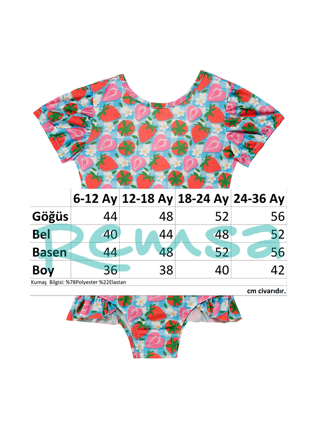 UV Korumalı Kısa Kollu Tulum Kız Bebek Yüzücü Mayo Çilek Desen 5109 Mavi-3