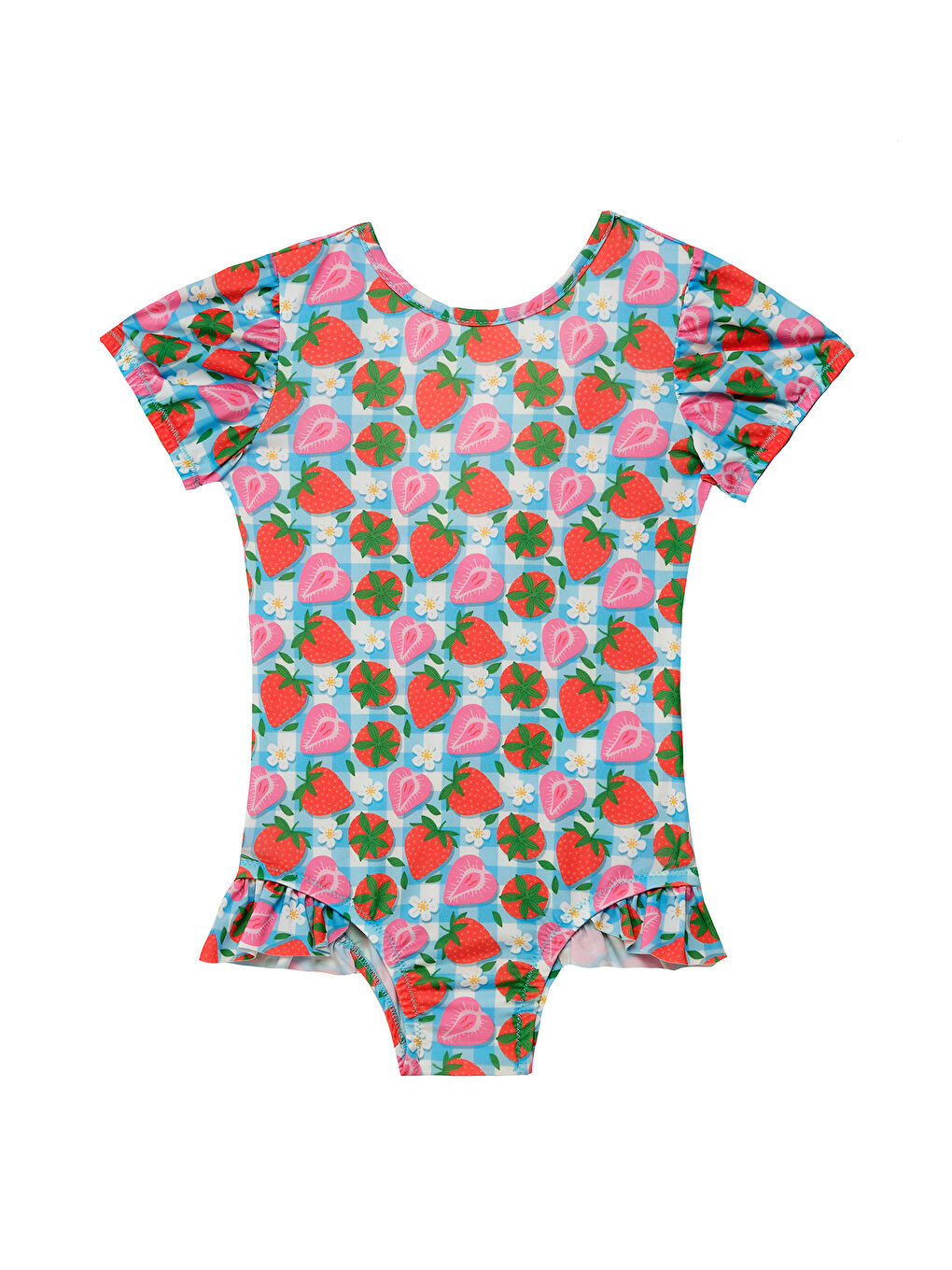 UV Korumalı Kısa Kollu Tulum Kız Bebek Yüzücü Mayo Çilek Desen 5109 Mavi-4