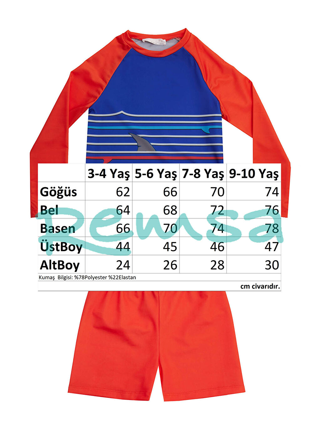 Mavi UV Korumalı Şort Uzun Kollu Çocuk Bebek Deniz Havuz Mayosu 5244 Saks-3