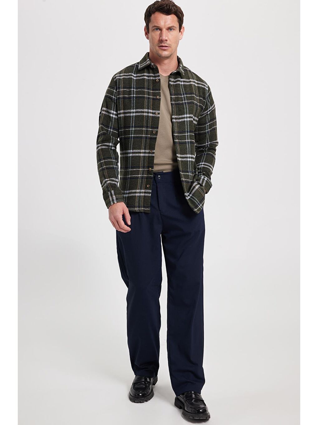 Haki Erkek Slim Fit Dar Kesim Kareli Kışlık Oduncu Gömlek-1