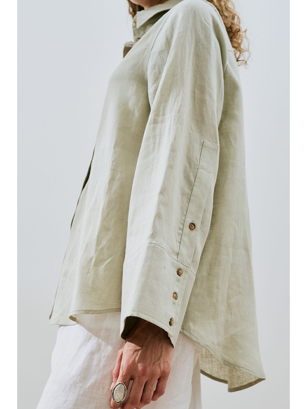 Keten Geniş Manşetli Gömlek Yeşil-3