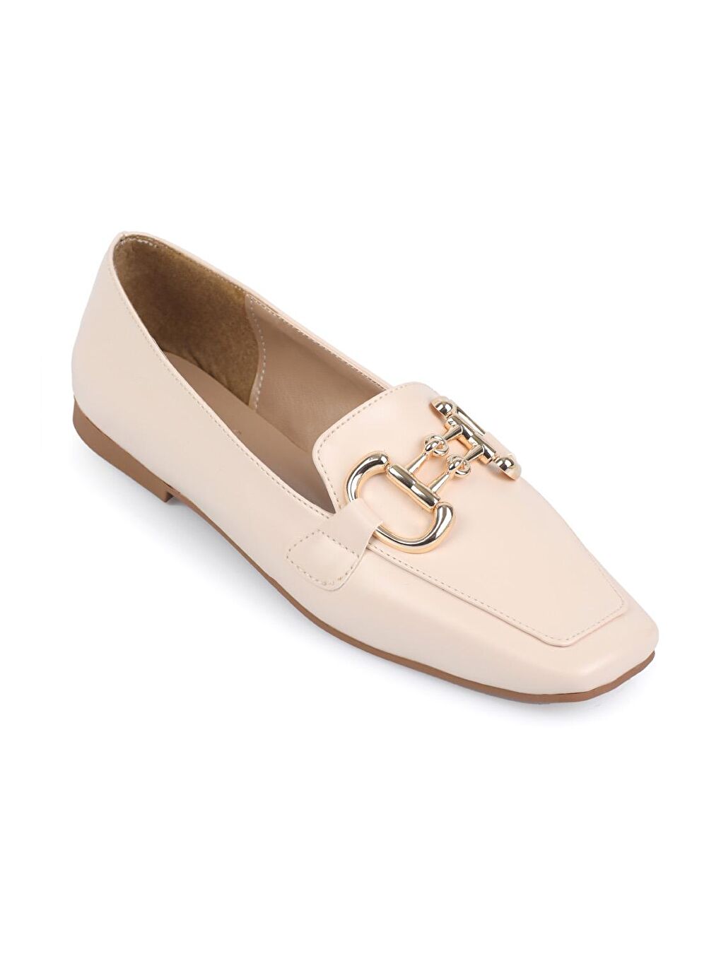 Ekru Küt Burunlu Ön Toka Aksesuarlı Kadın Loafer Ayakkabı-1