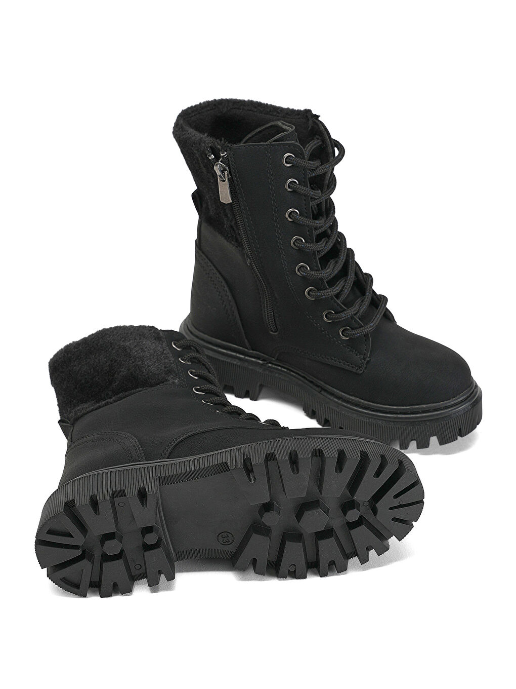 Kız Çocuk Siyah Termo Taban Kürk Detaylı Bağcıklı ve Fermuarlı Uzun Bot-2