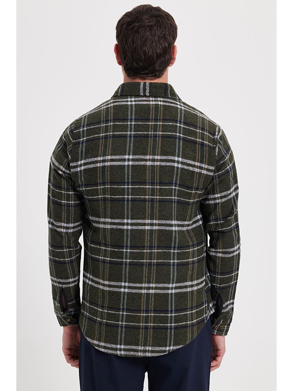 Haki Erkek Slim Fit Dar Kesim Kareli Kışlık Oduncu Gömlek-5