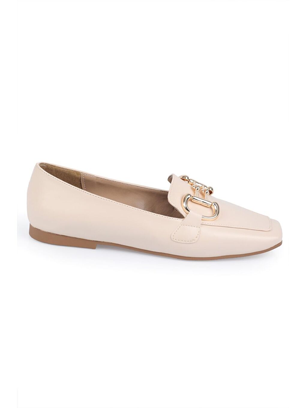 Ekru Küt Burunlu Ön Toka Aksesuarlı Kadın Loafer Ayakkabı-2