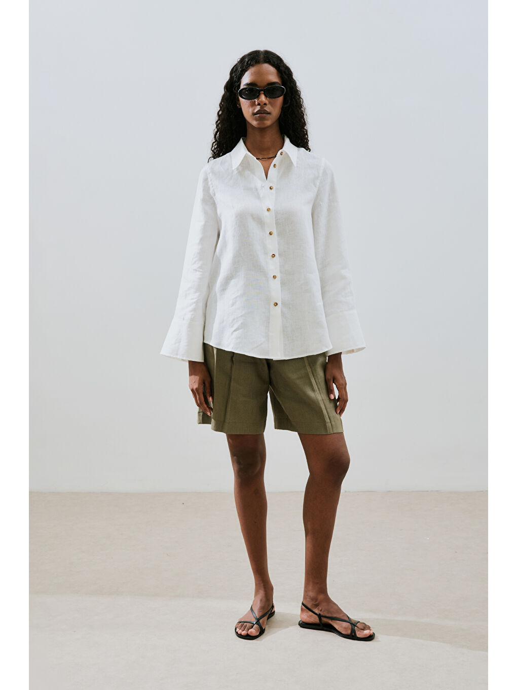 Keten Geniş Manşetli Gömlek Ekru-1