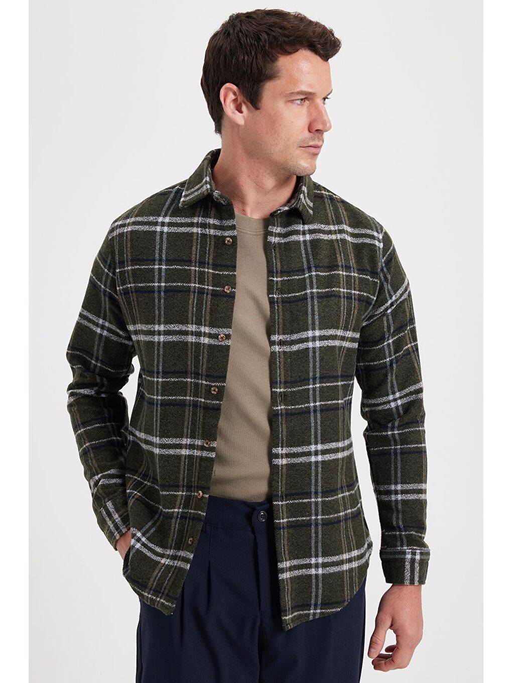 Haki Erkek Slim Fit Dar Kesim Kareli Kışlık Oduncu Gömlek-6