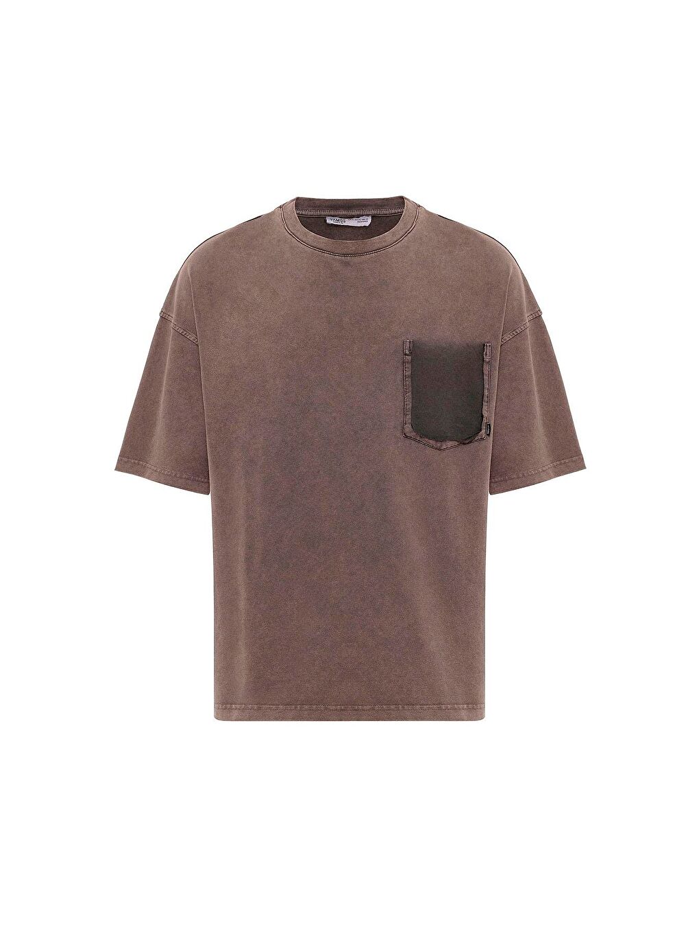 Kahverengi Yıkamalı Cep Detaylı Oversize Tişört Kahve-1