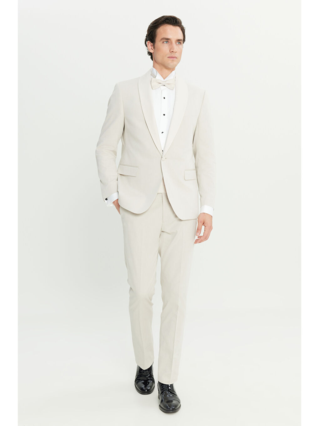 Erkek Bej Pamuklu Slim Fit Dar Kesim Çıkma Şal Yaka Kapak Ceplii Damatlık Smokin Takım