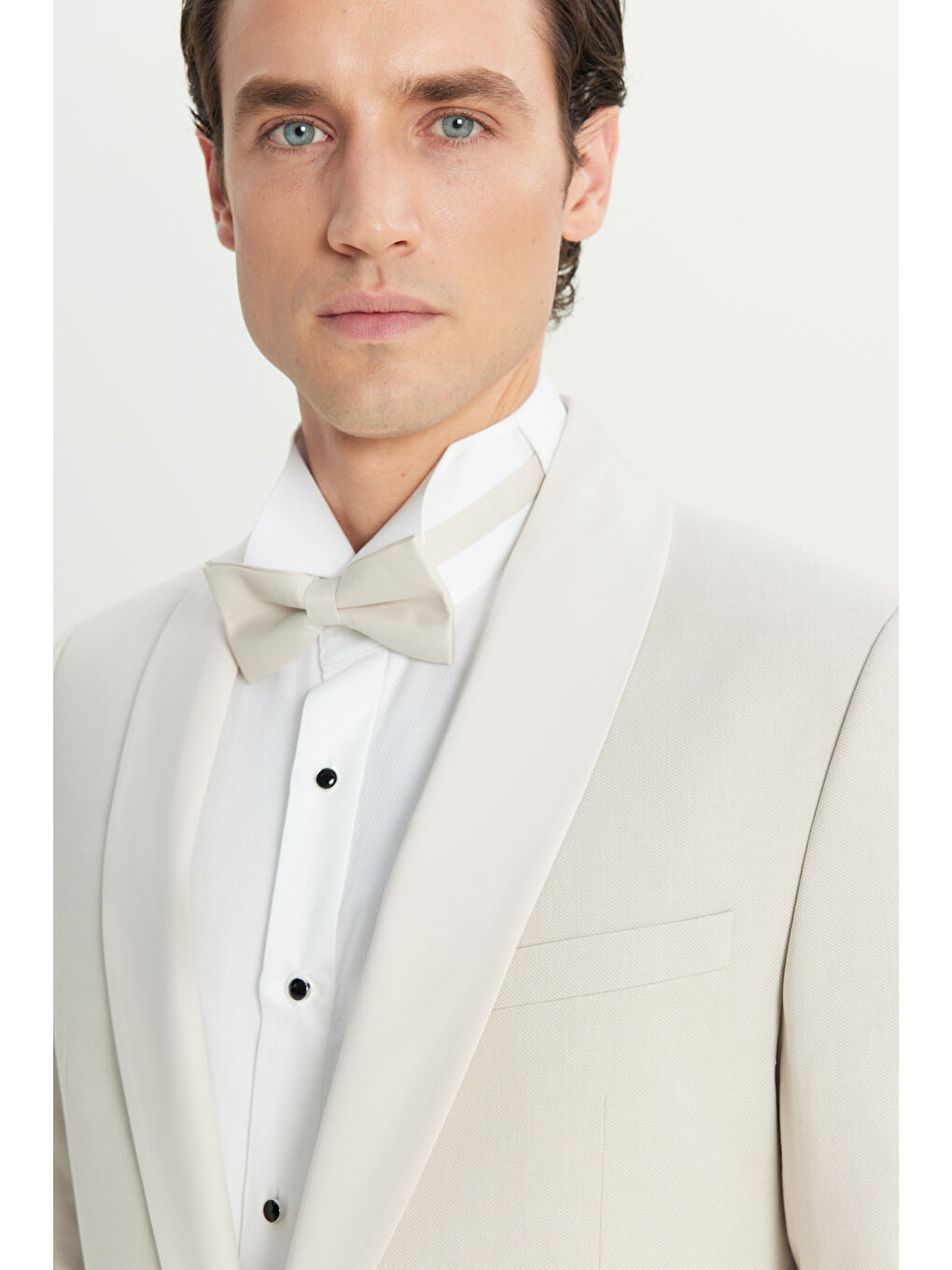 Erkek Bej Pamuklu Slim Fit Dar Kesim Çıkma Şal Yaka Kapak Ceplii Damatlık Smokin Takım-1