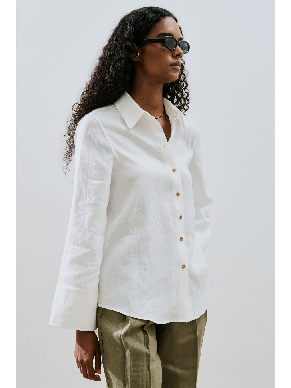 Keten Geniş Manşetli Gömlek Ekru-3