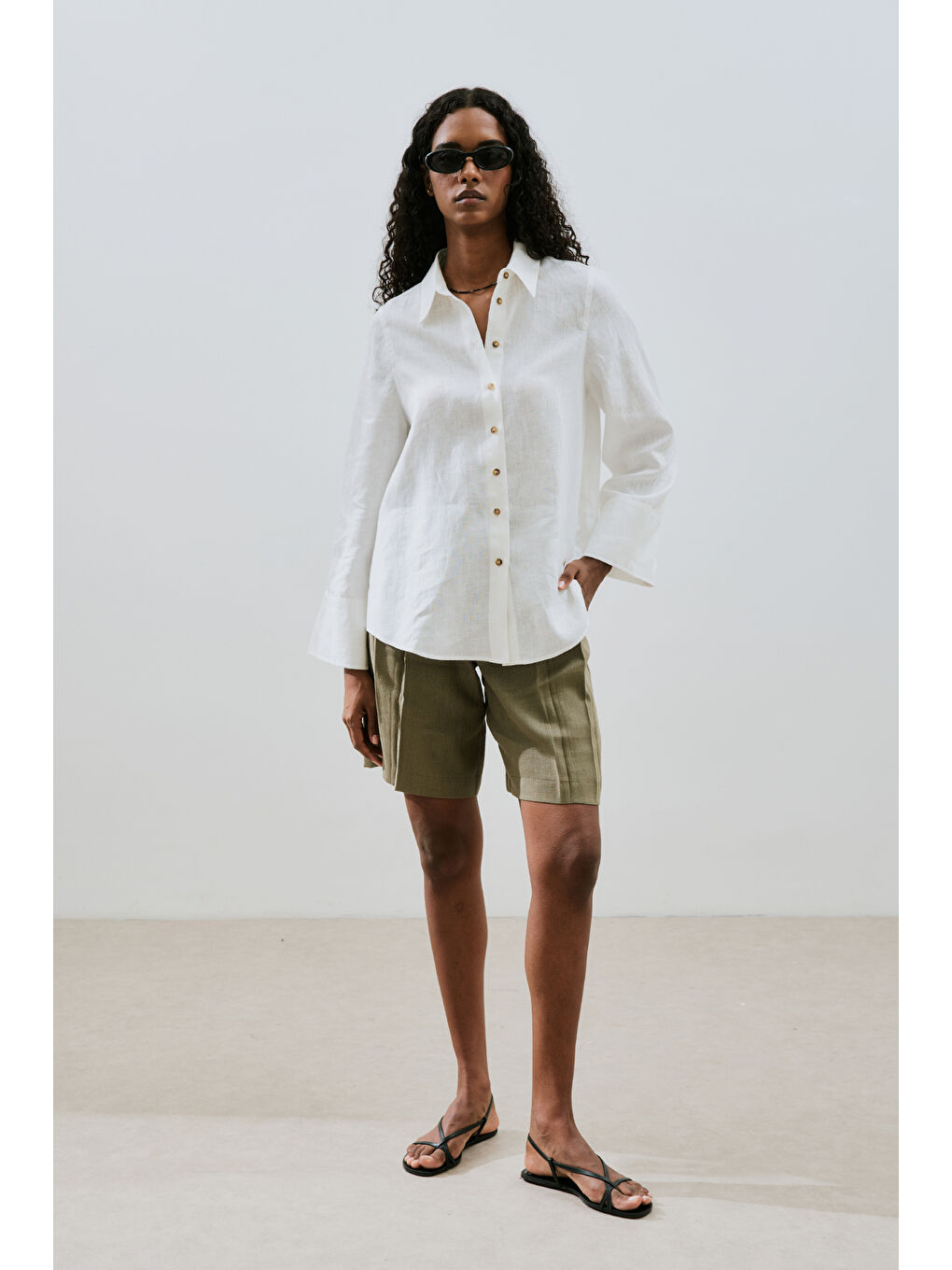 Keten Geniş Manşetli Gömlek Ekru-4