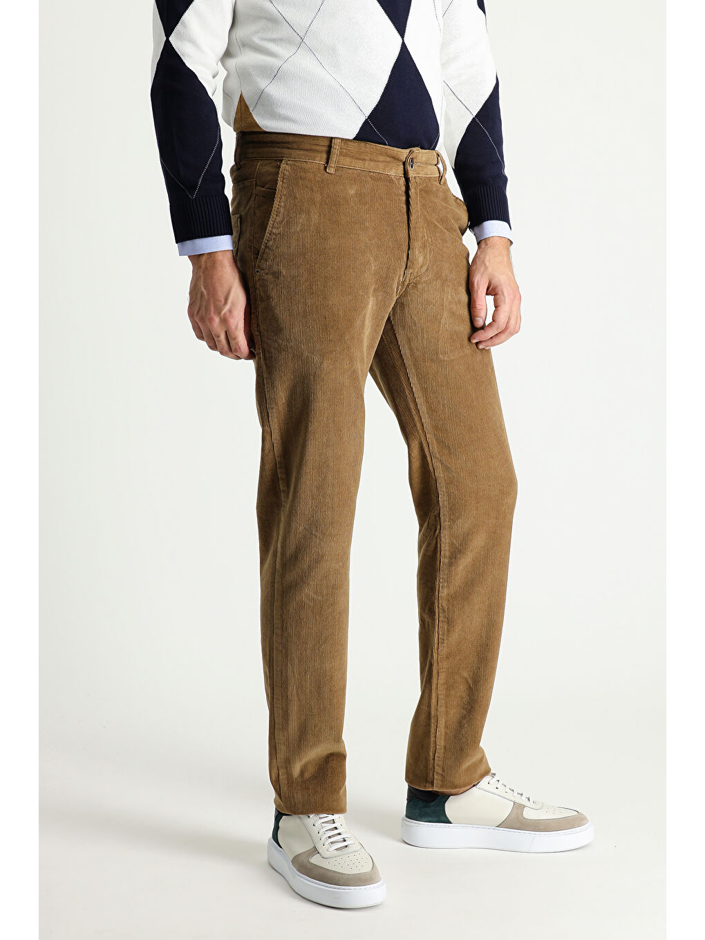 Bej Slim Fit Dar Kesim Elastanlı Kadife Pantolon-2