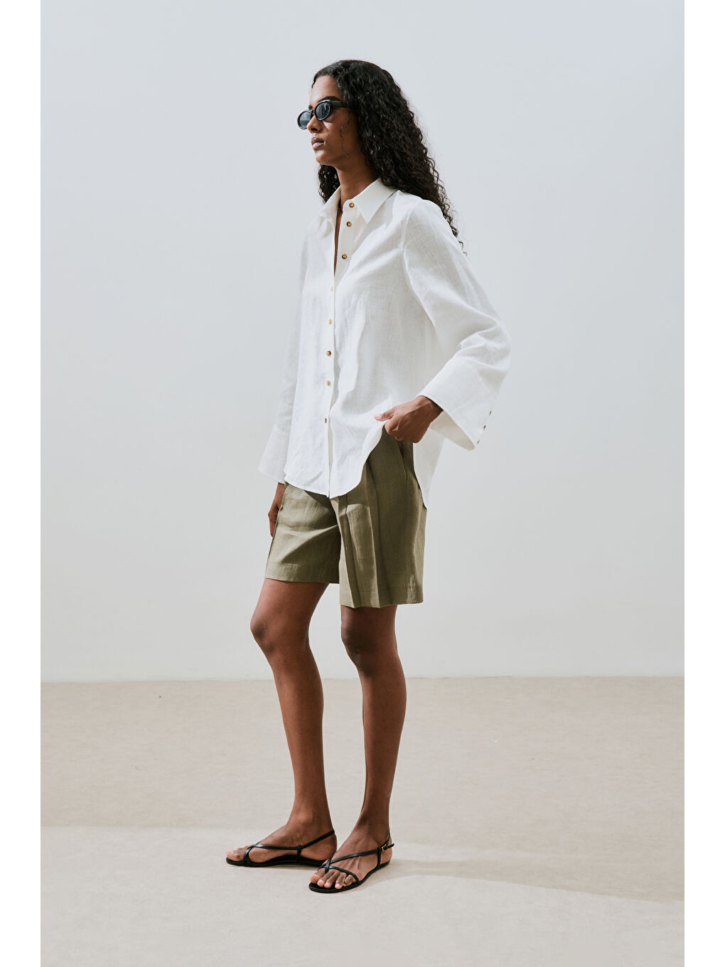 Keten Geniş Manşetli Gömlek Ekru-5