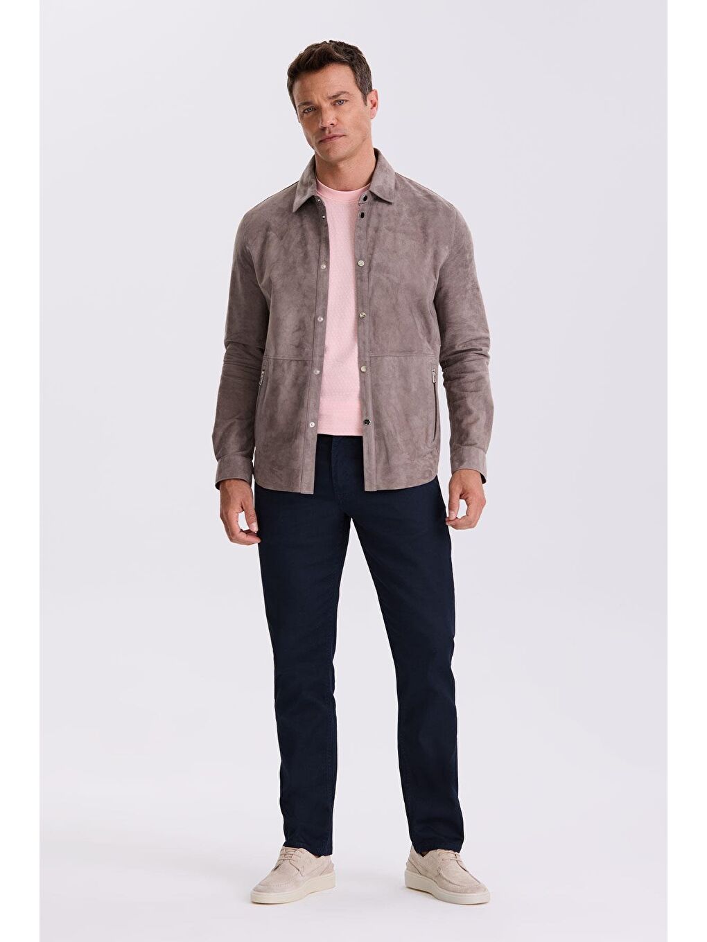 Koyu Gri Comfort Fit Gömlek Yaka Çıtçıtlı %100 Deri Süet Mont-1