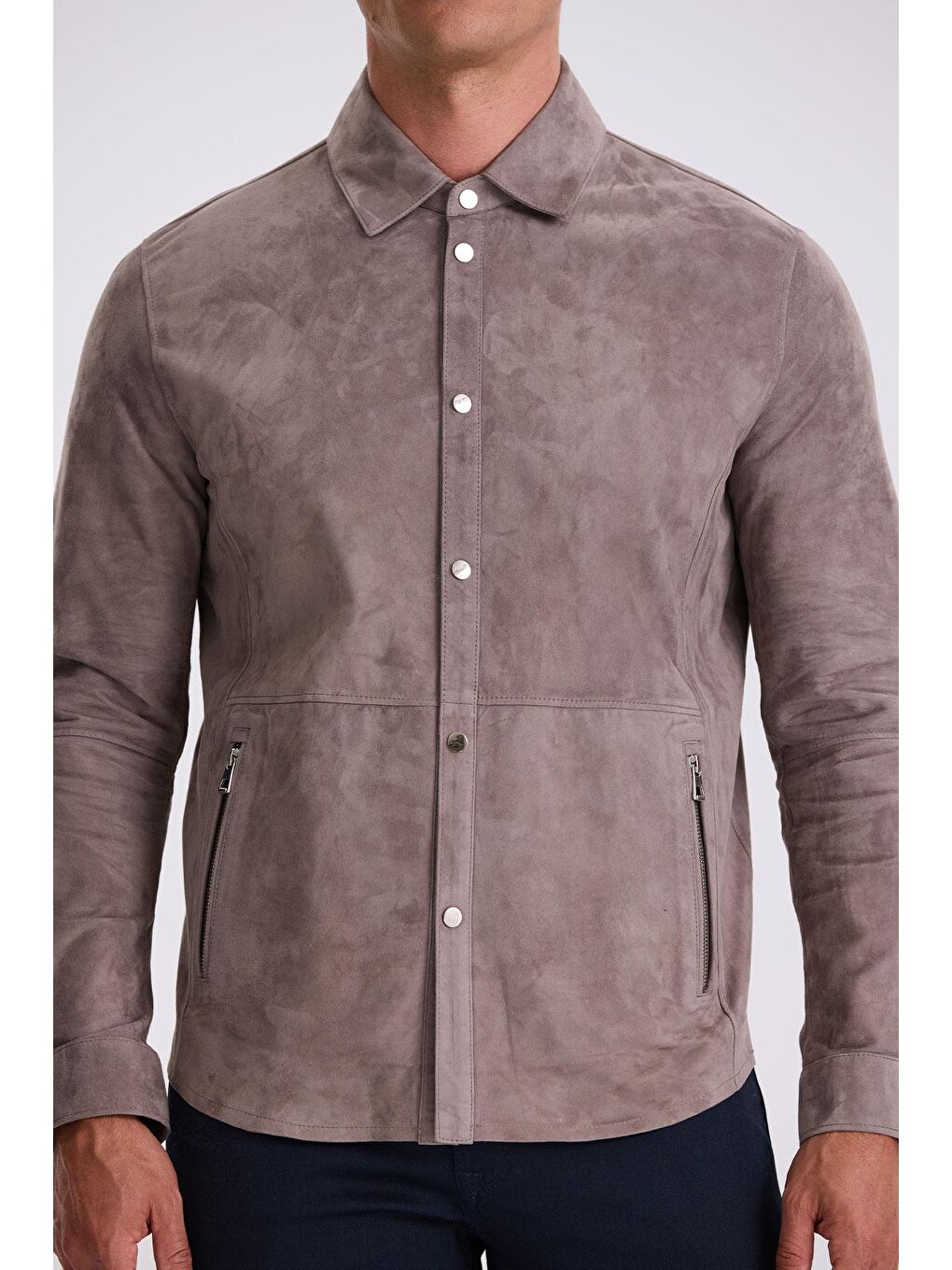 Koyu Gri Comfort Fit Gömlek Yaka Çıtçıtlı %100 Deri Süet Mont-2