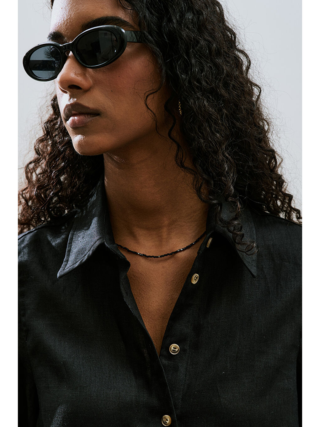 Keten Geniş Manşetli Gömlek Siyah-5