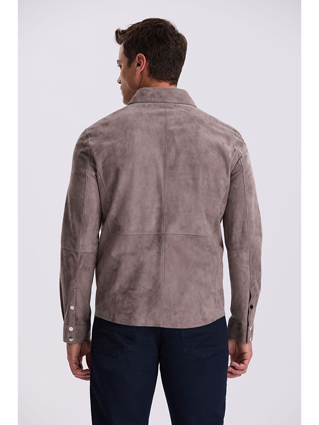 Koyu Gri Comfort Fit Gömlek Yaka Çıtçıtlı %100 Deri Süet Mont-3