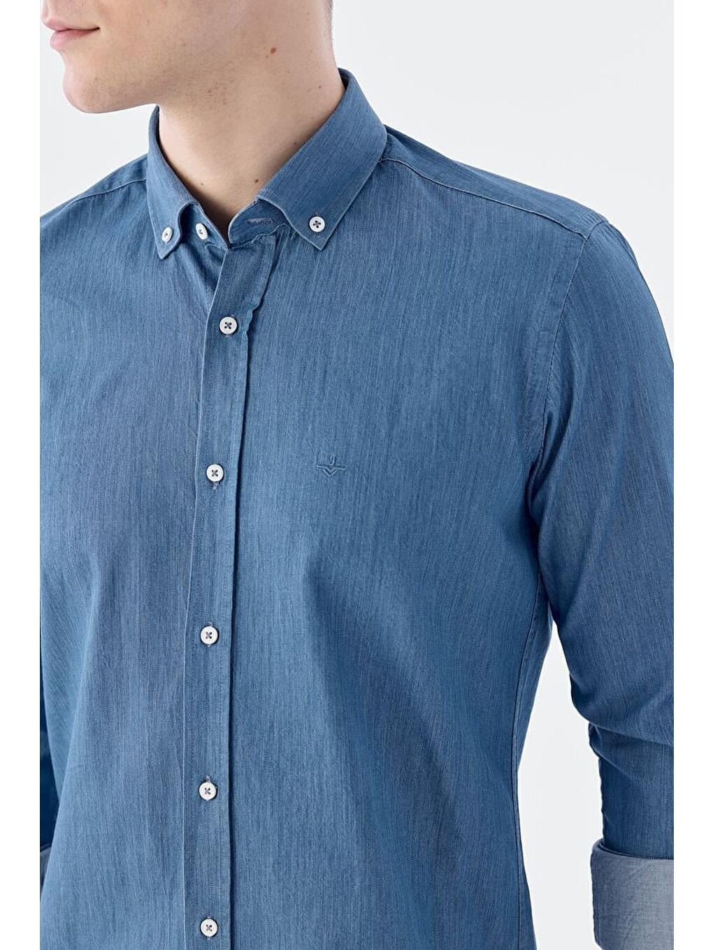 Lacivert Slim Fit Cepli Düğmeli Yaka %100 Pamuk Gömlek-2