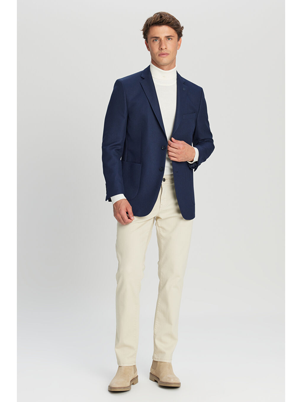 Erkek Lacivert Slim Fit Dar Kesim Mono Yaka Torba Cepli Blazer Ceket-1