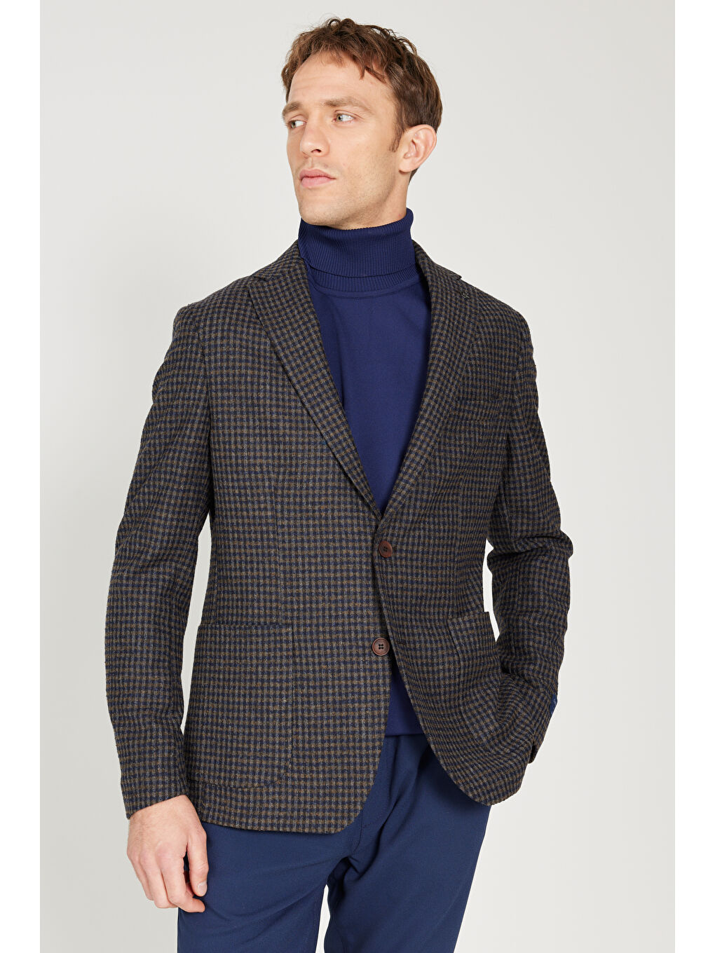 Erkek Kahverengi-Lacivert Slim Fit Dar Kesim Mono Yaka Desenli Yünlü Ceket