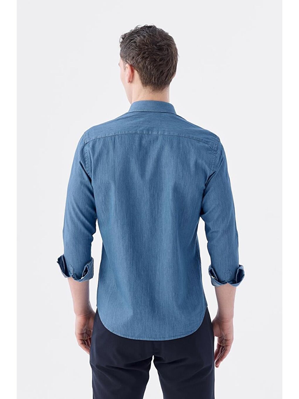 Lacivert Slim Fit Cepli Düğmeli Yaka %100 Pamuk Gömlek-3